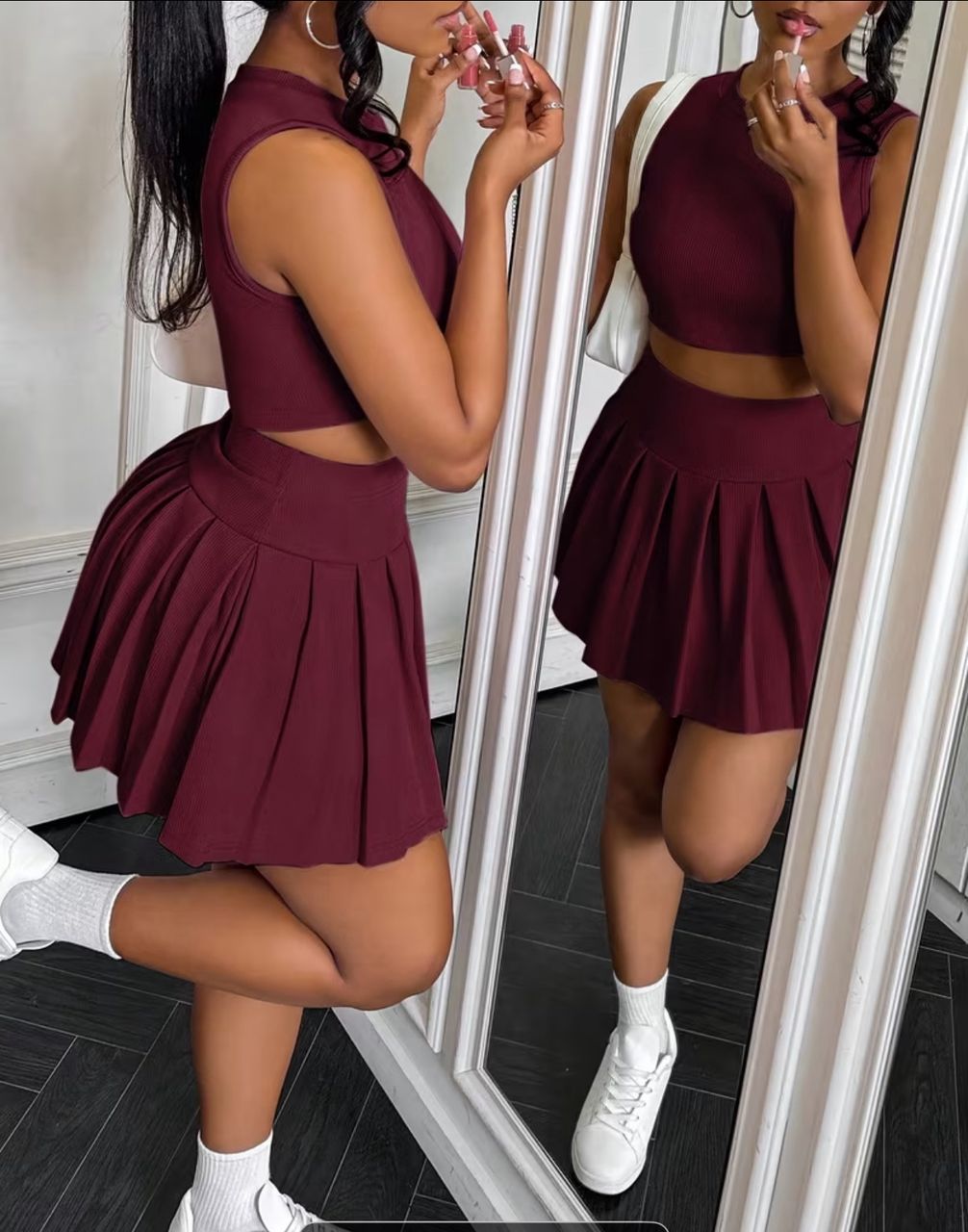 Pleated mini skirt with bodysuit/ sleeveless crew neck top and skirt set for women