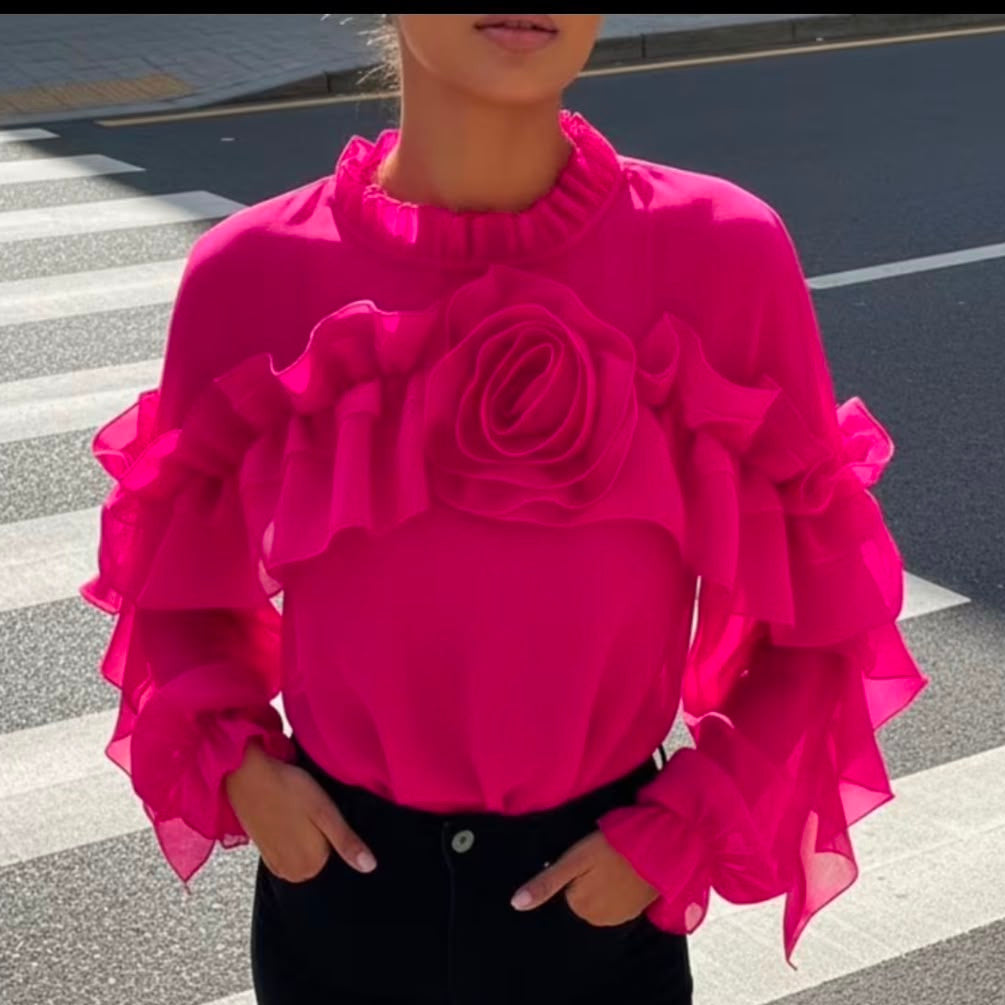 Mesh Ruffled Hooded Long Sleeve Top