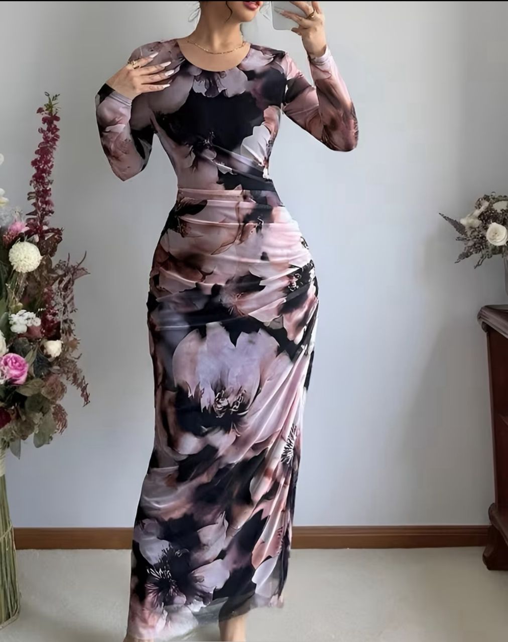 Women round neck long sleeve mesh printed waisted dress