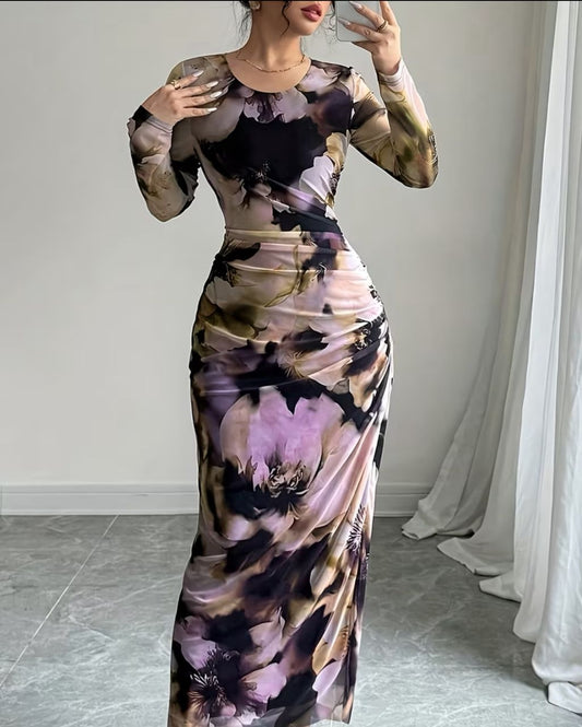 Women round neck long sleeve mesh printed waisted dress