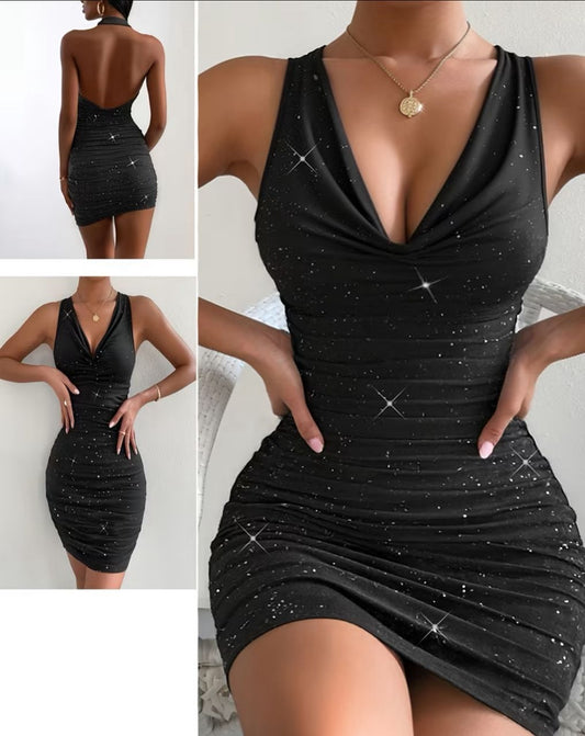 Elegant fashion slimfit sleeveless sequin halter neck backless shoulder revealing dress