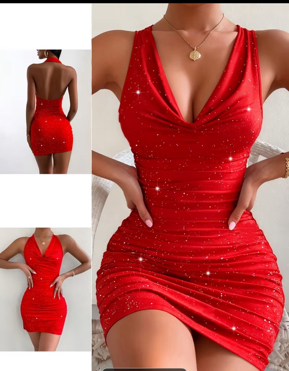Elegant fashion slimfit sleeveless sequin halter neck backless shoulder revealing dress
