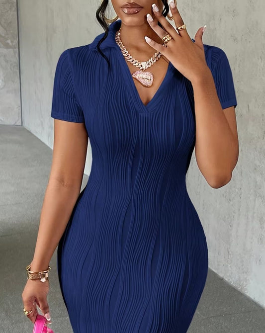 Elegant directional solid color texture women v neck long style short sleeve slim fit dress