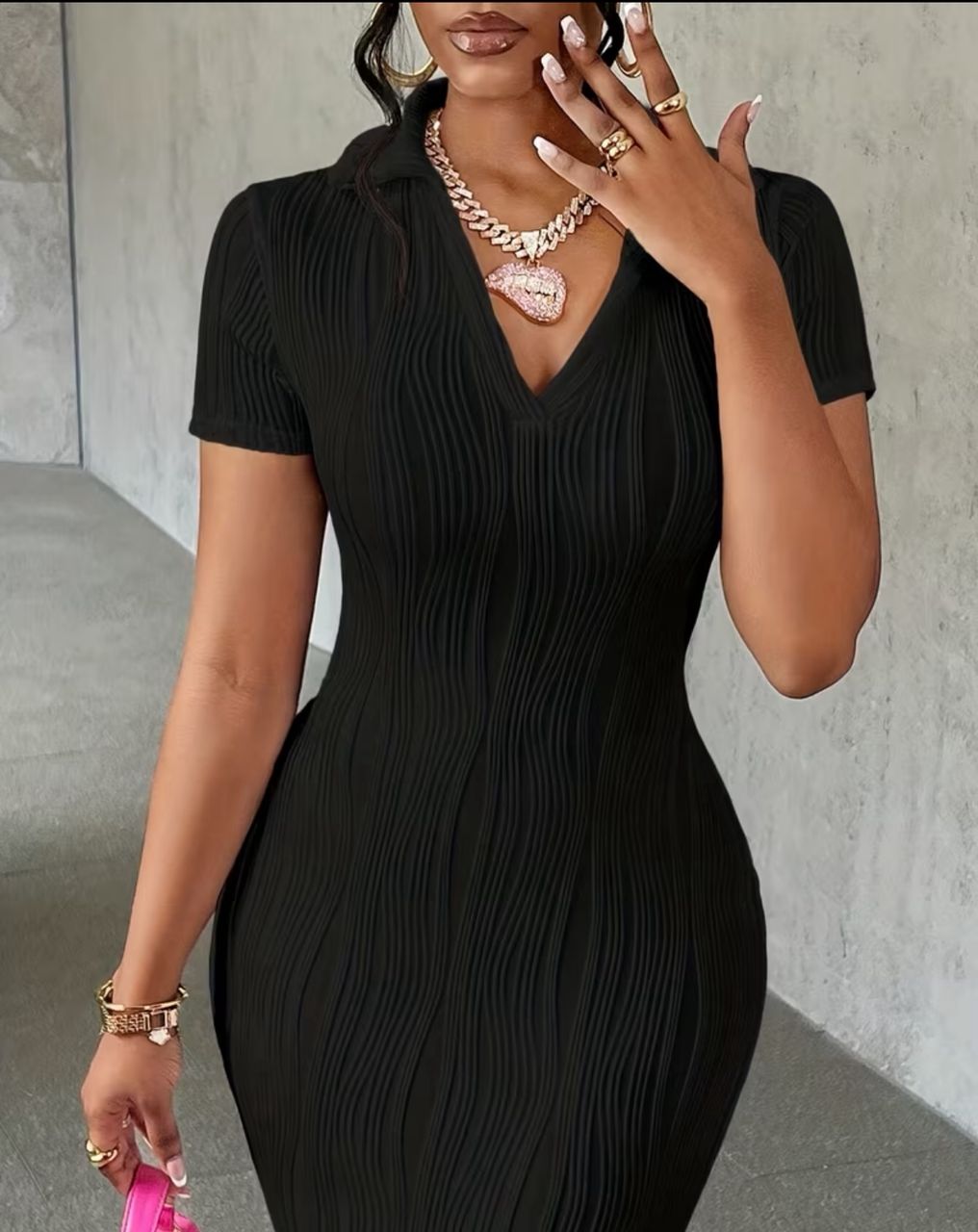 Elegant directional solid color texture women v neck long style short sleeve slim fit dress