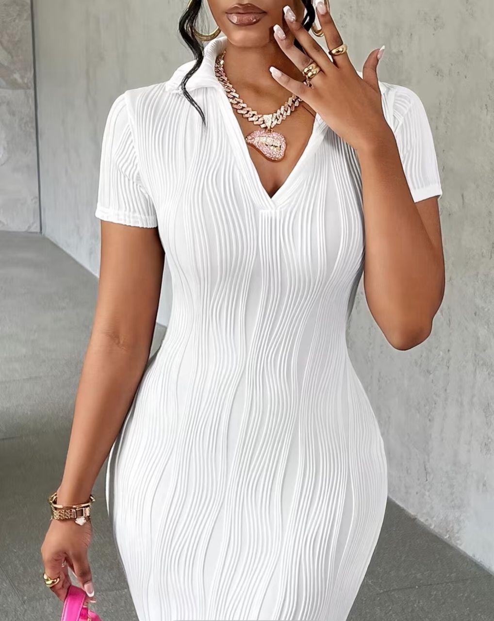Elegant directional solid color texture women v neck long style short sleeve slim fit dress