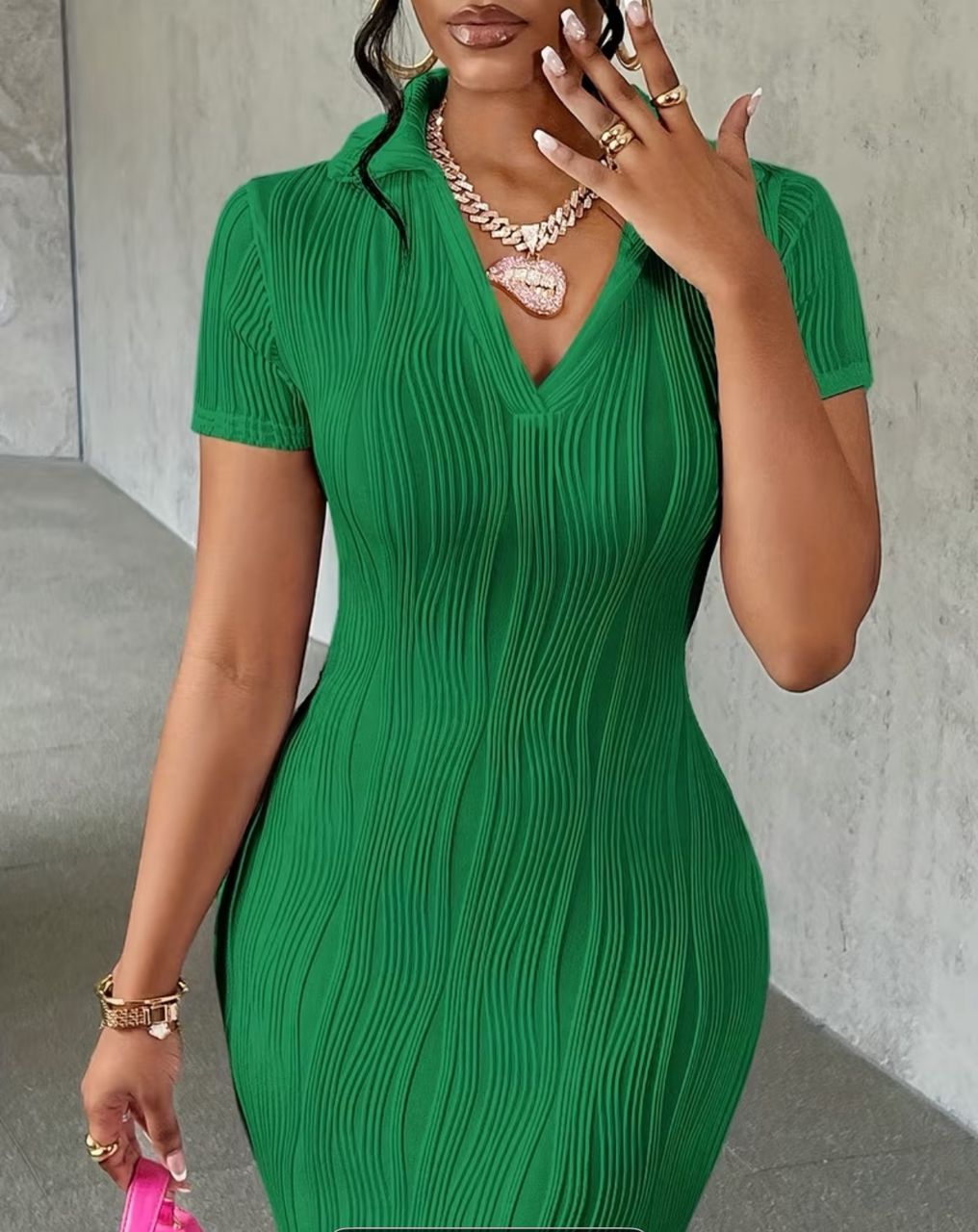 Elegant directional solid color texture women v neck long style short sleeve slim fit dress
