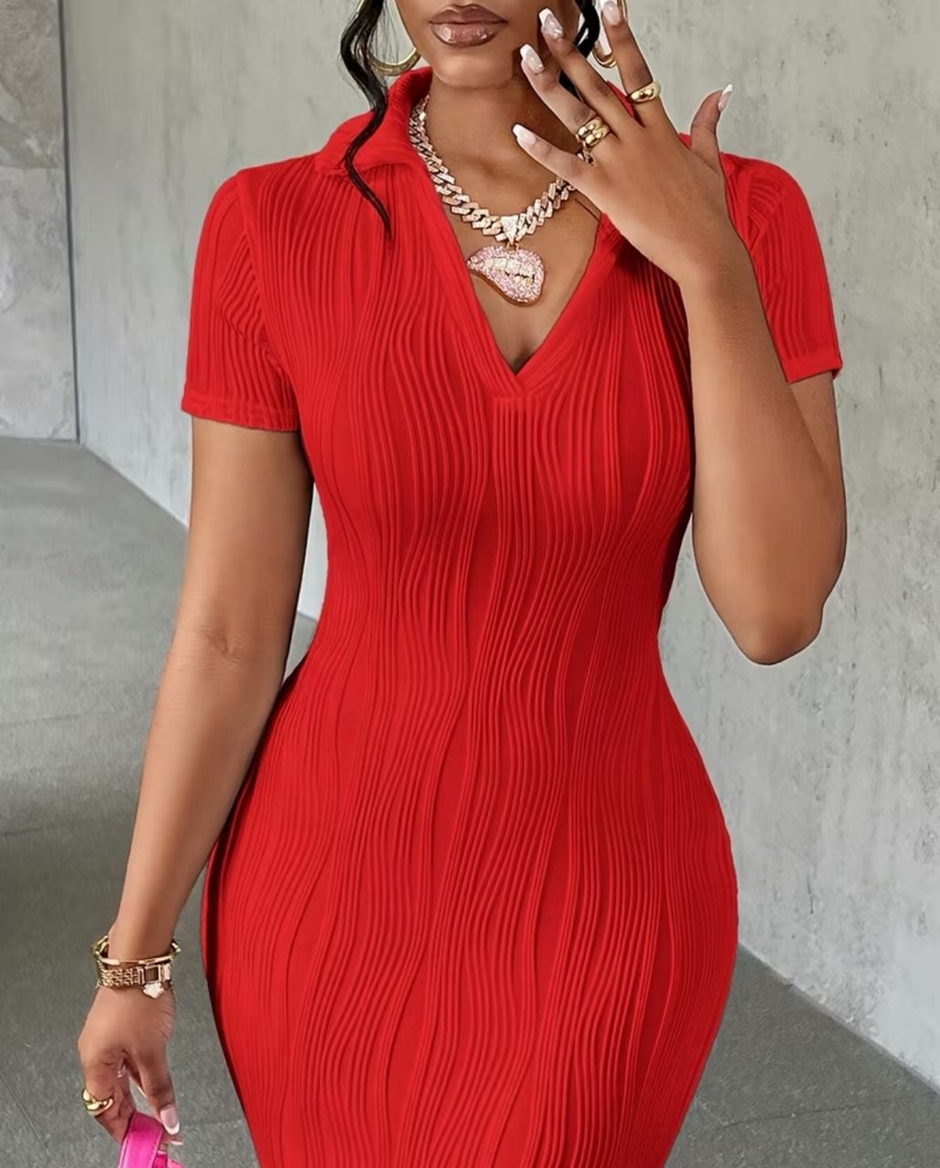 Elegant directional solid color texture women v neck long style short sleeve slim fit dress