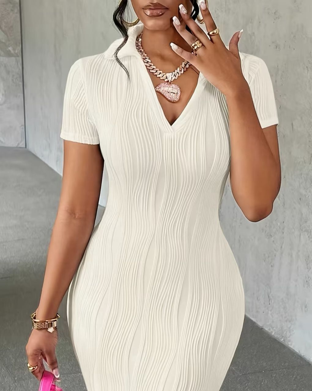 Elegant directional solid color texture women v neck long style short sleeve slim fit dress