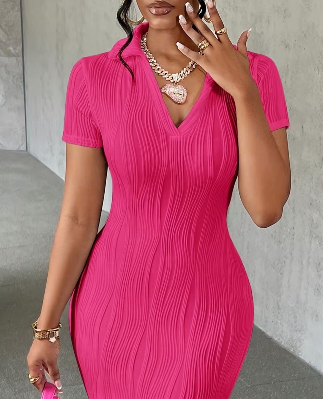 Elegant directional solid color texture women v neck long style short sleeve slim fit dress