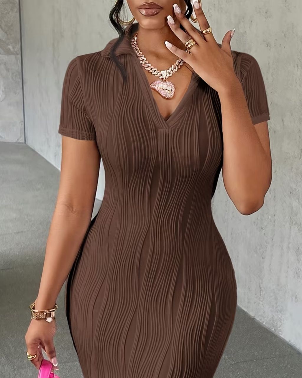 Elegant directional solid color texture women v neck long style short sleeve slim fit dress