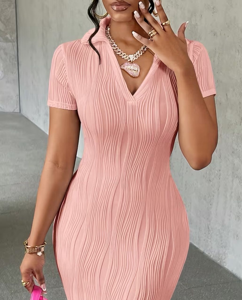 Elegant directional solid color texture women v neck long style short sleeve slim fit dress