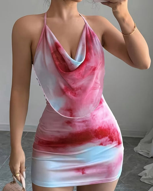 Cross border tie-dye halter neck backless bodycon dress with v neck