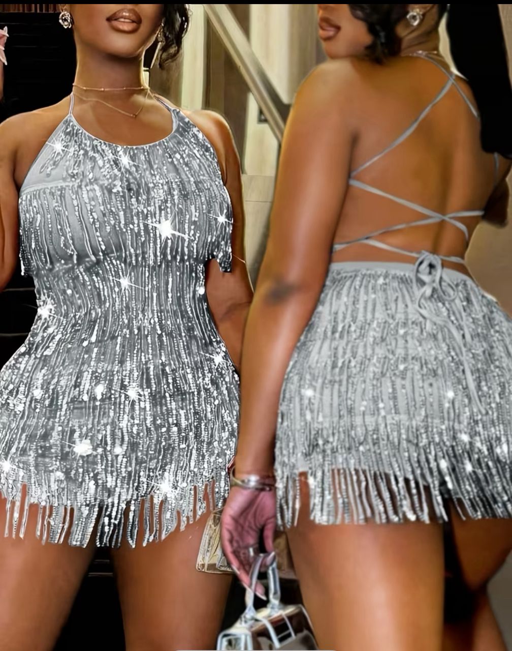 Sexy hot nightclub multi layer tassel beaded thin strap cross back bodycon jumpsuit dress