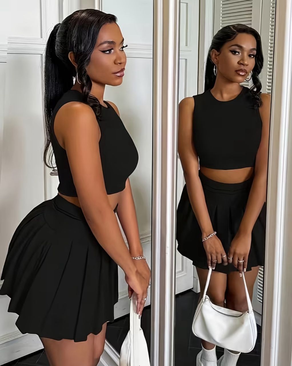Pleated mini skirt with bodysuit/ sleeveless crew neck top and skirt set for women
