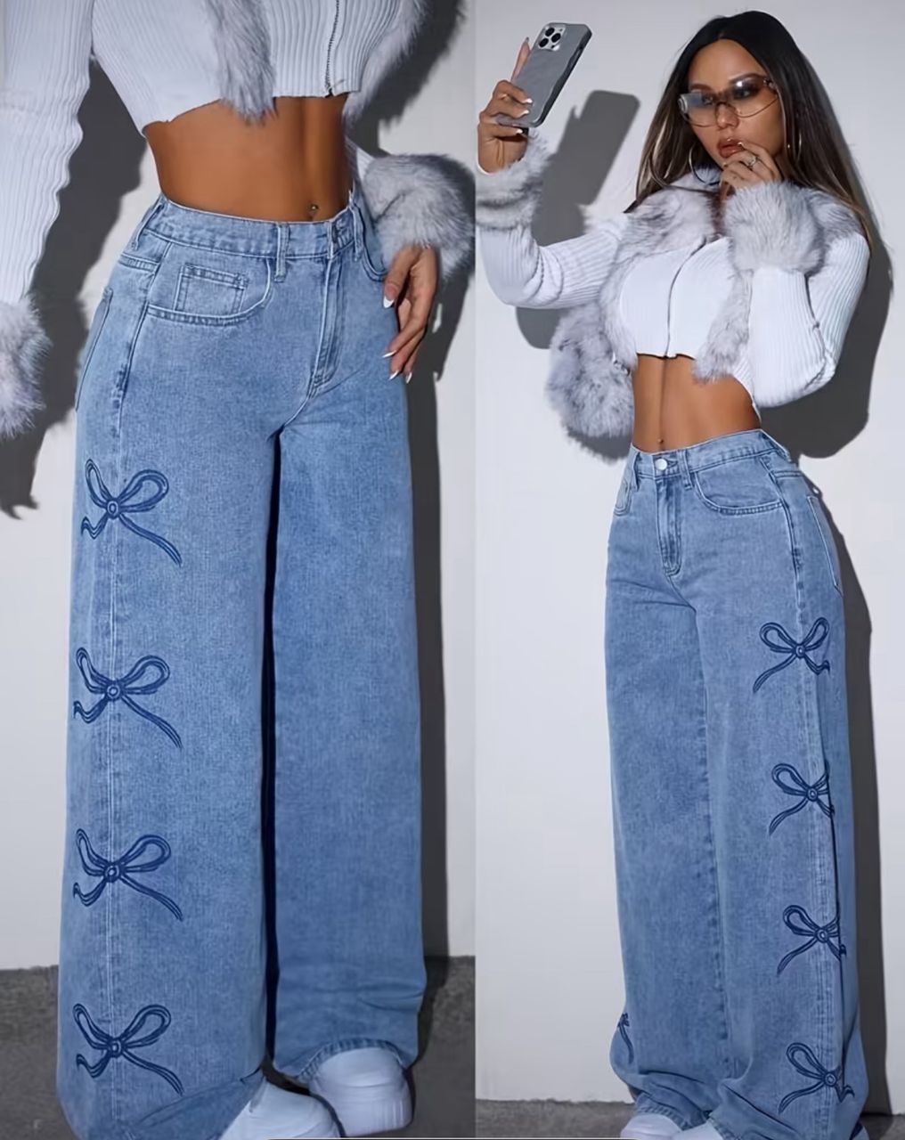 New style wide-leg jeans with bow embroidery
