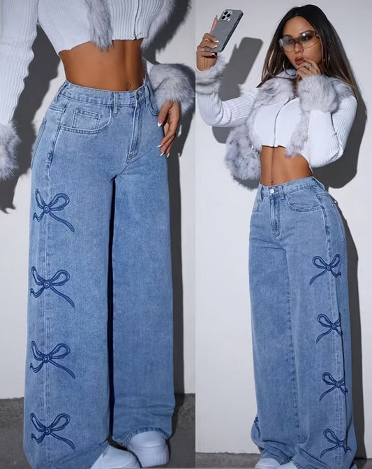 New style wide-leg jeans with bow embroidery