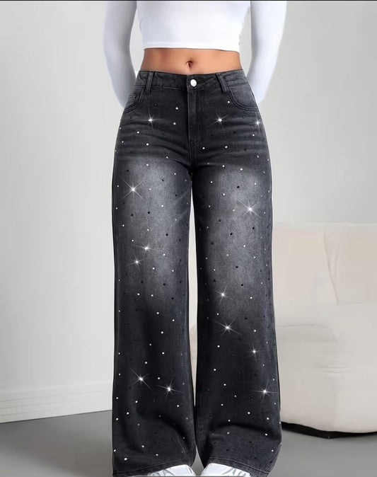 Shiny rhinestone decorated black stoned classic jeans