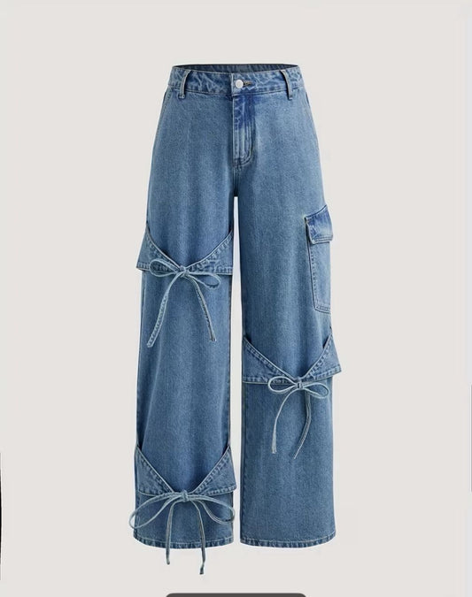 Stylish bow tie laced workwear boyfriend denim pant for women