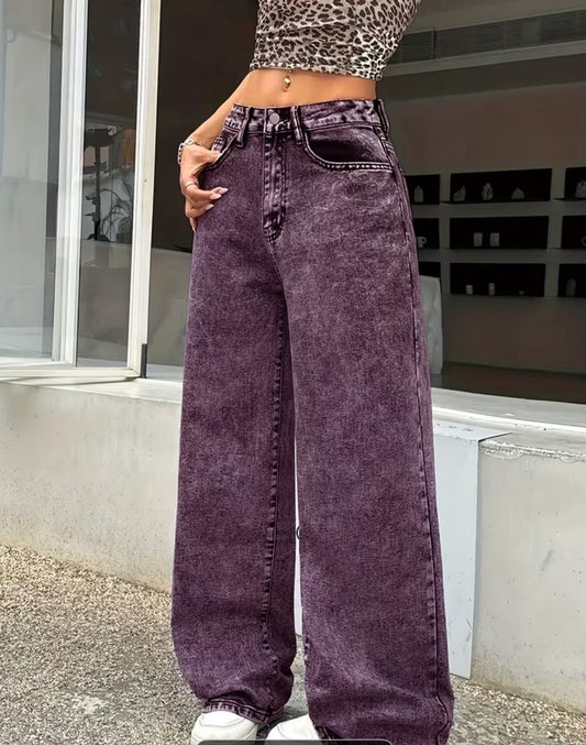 Ladies high waisted purple straight leg stretch jeans