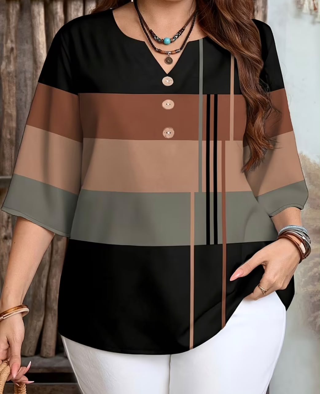 Plus Size V-Neck Mid-Sleeve Women Shirt