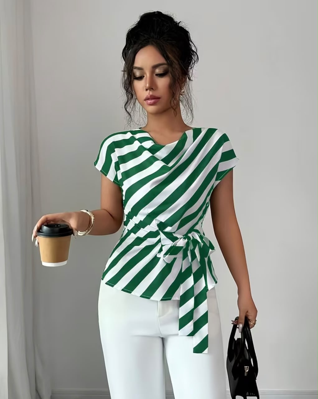 Women's Elegant High Neck Design Striped Shirt