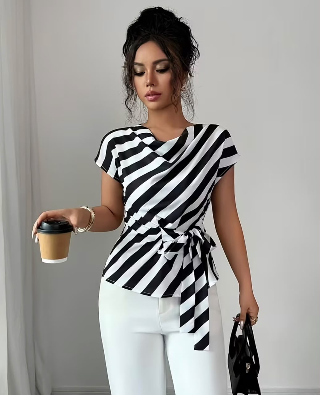 Women's Elegant High Neck Design Striped Shirt