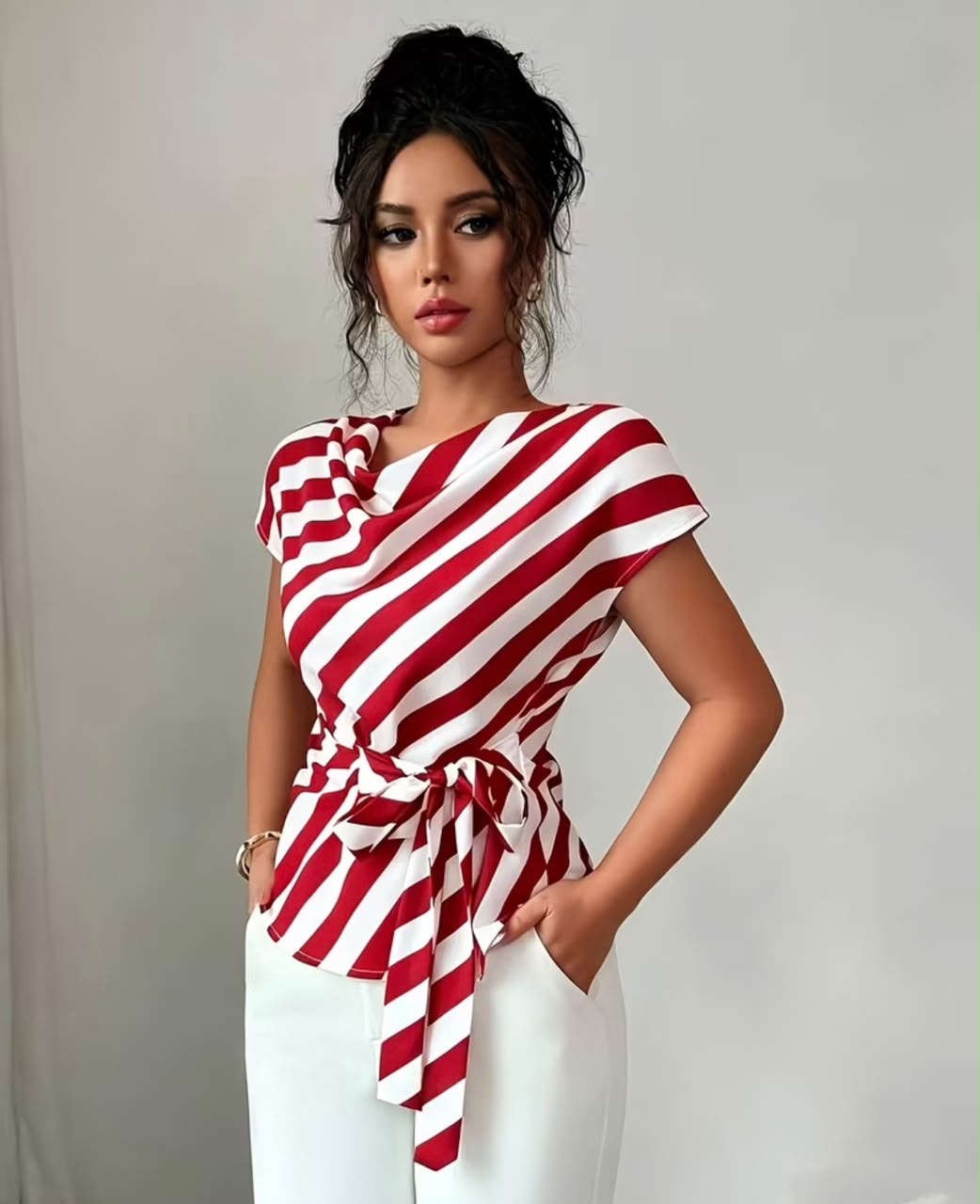 Women's Elegant High Neck Design Striped Shirt