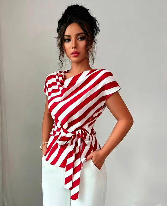 Women's Elegant High Neck Design Striped Shirt
