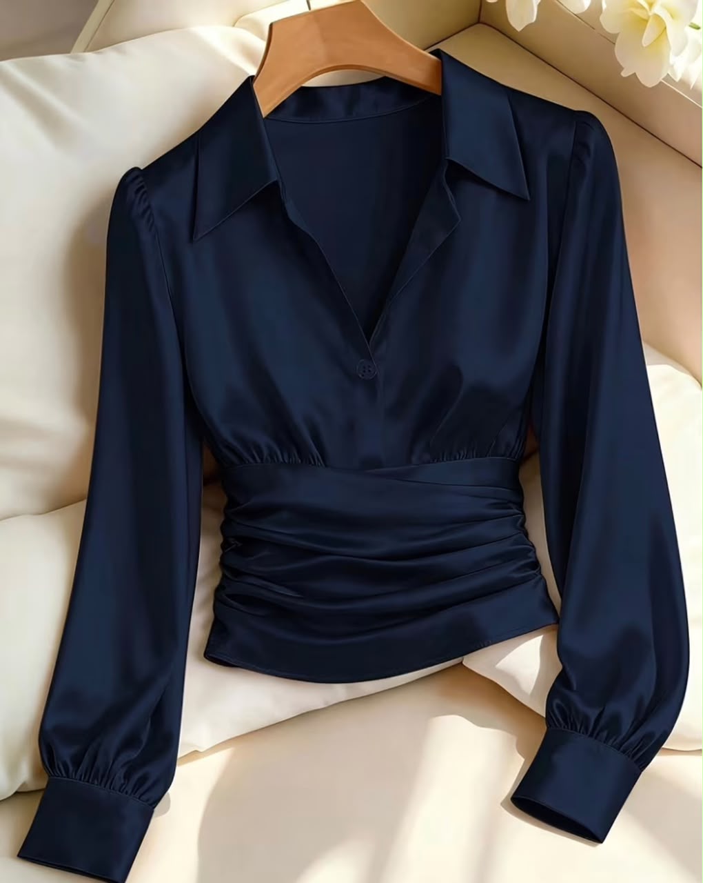 Simple Style Long Sleeve Cinched Waist Shirt