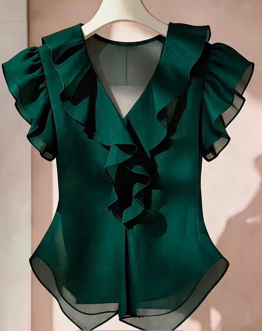 Solid Ruffled Short Sleeve Shirt