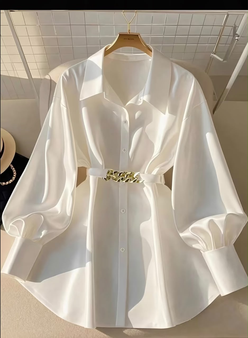 Long Sleeve Puff Sleeve Belted Waist Collar Shirt