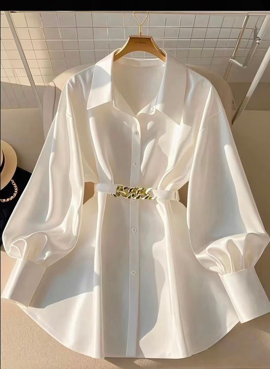 Long Sleeve Puff Sleeve Belted Waist Collar Shirt