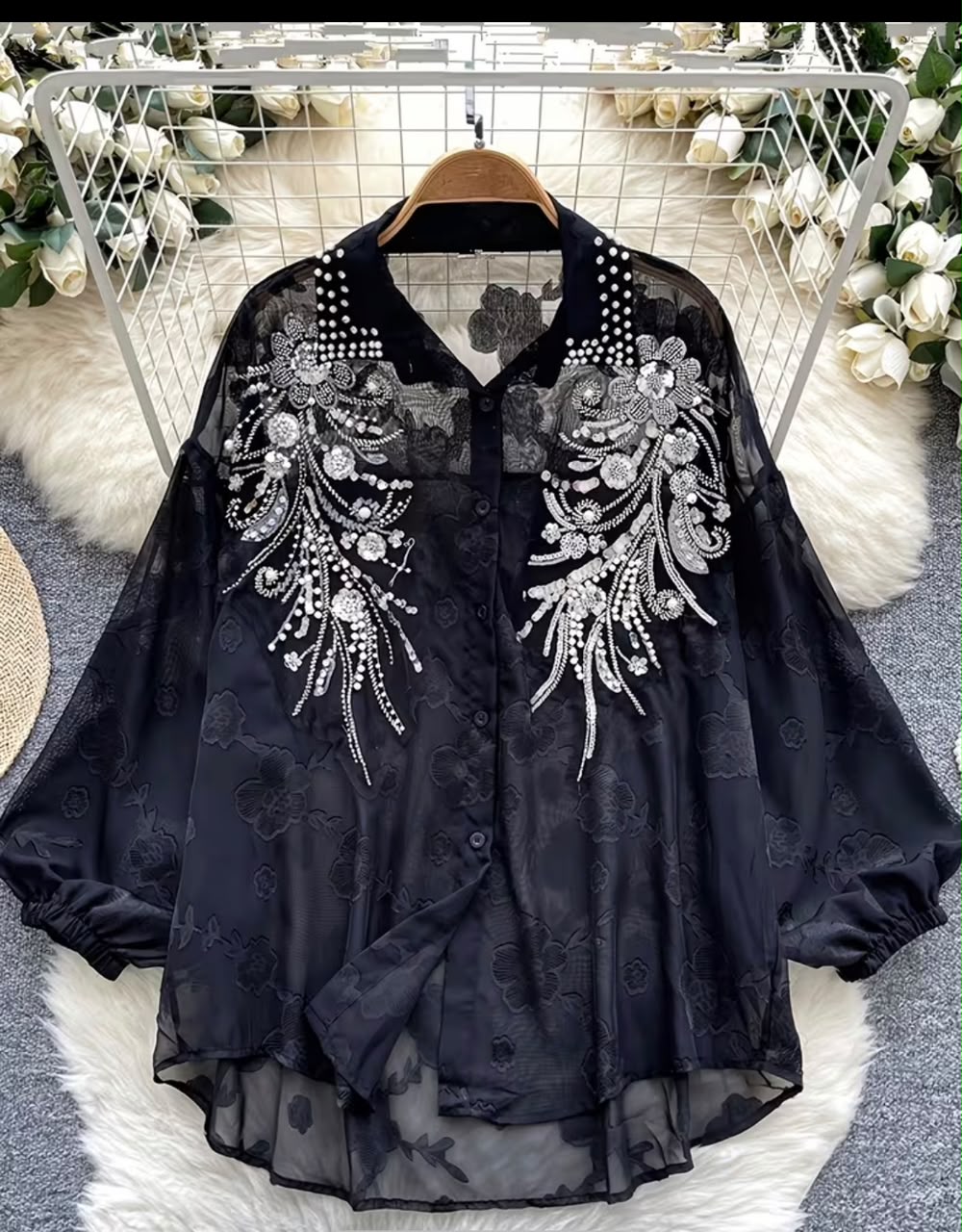Women's Heavy Beaded Embroidery Lantern Sleeve Shirt
