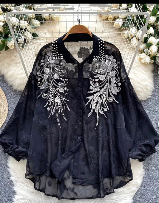 Women's Heavy Beaded Embroidery Lantern Sleeve Shirt