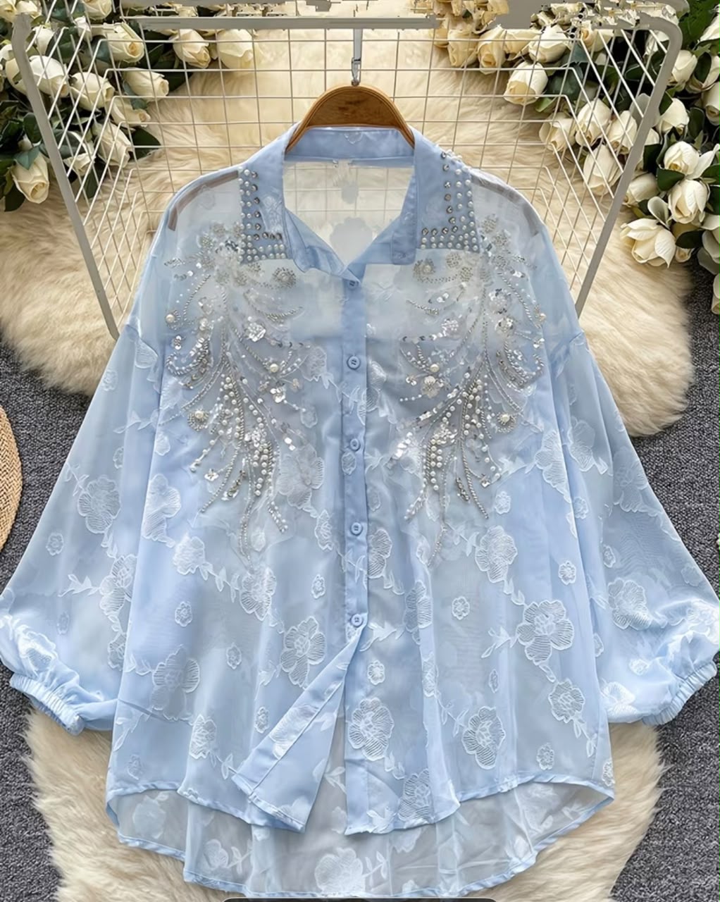 Women's Heavy Beaded Embroidery Lantern Sleeve Shirt