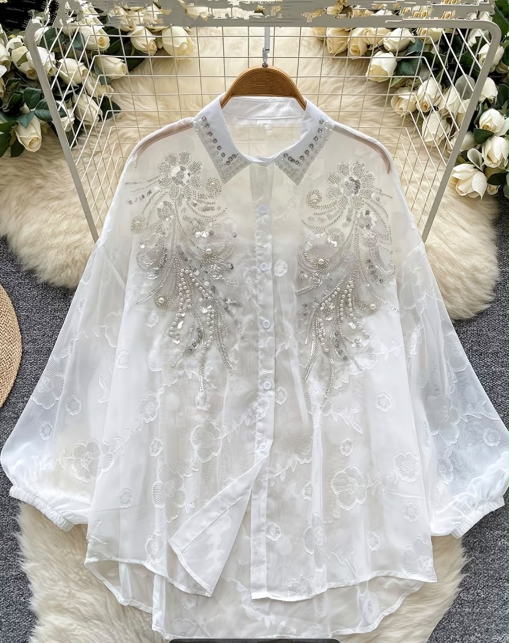 Women's Heavy Beaded Embroidery Lantern Sleeve Shirt