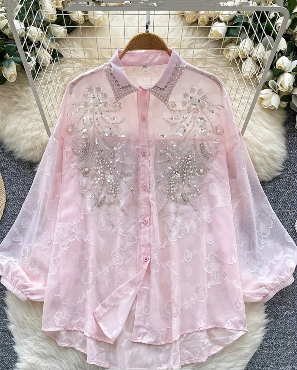 Women's Heavy Beaded Embroidery Lantern Sleeve Shirt