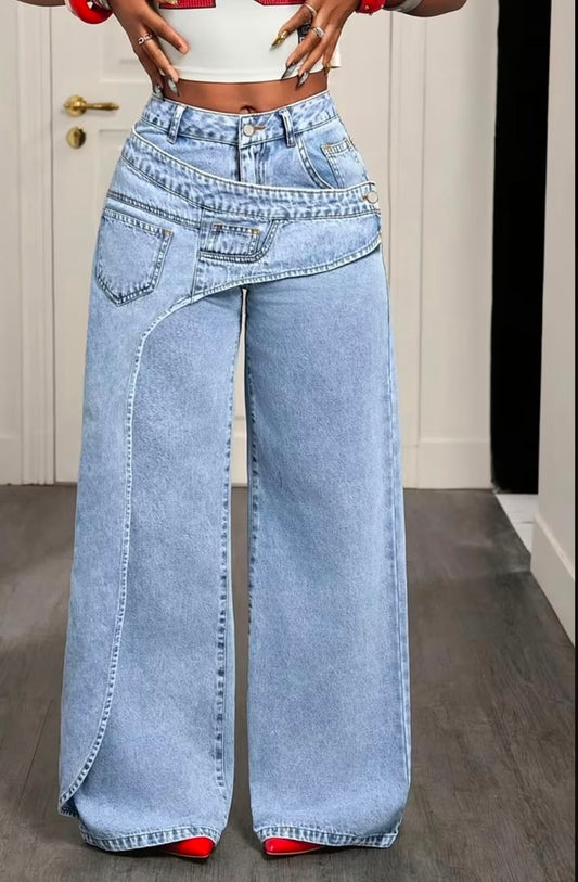 Women's Light Blue Asymmetrical Apron Style Jeans