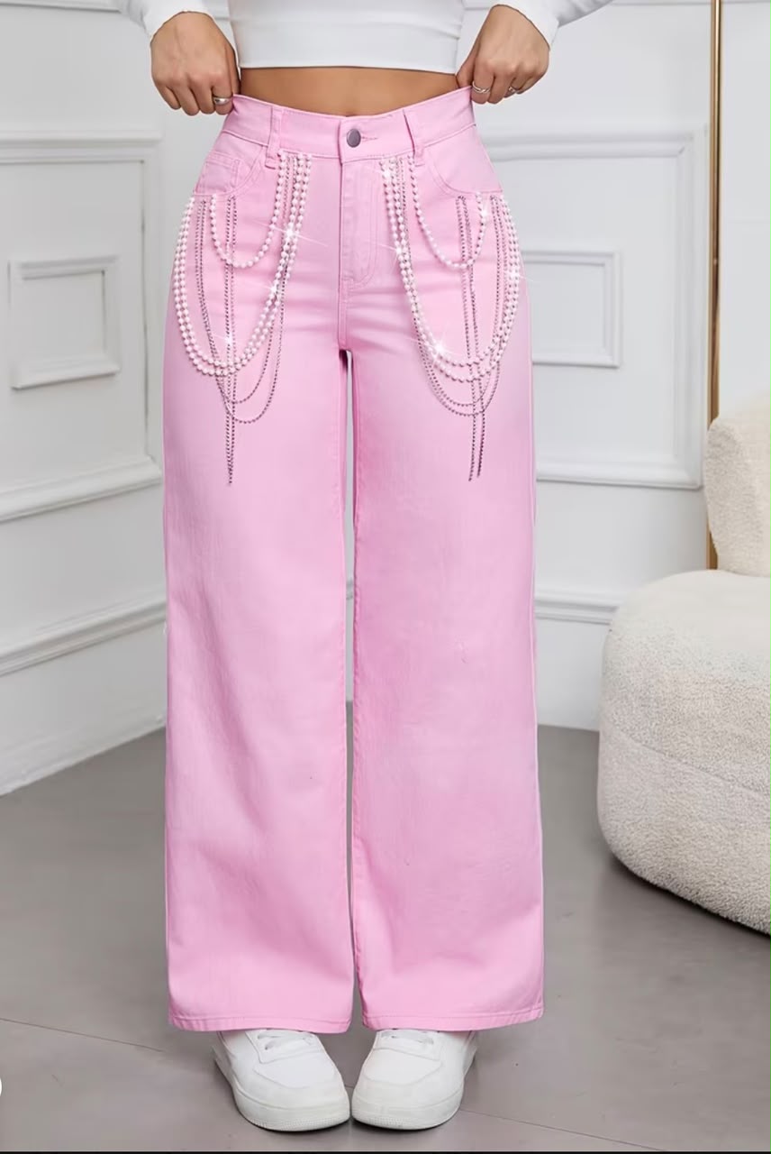 Women's Pink Non-Stretch Wide Leg Pant