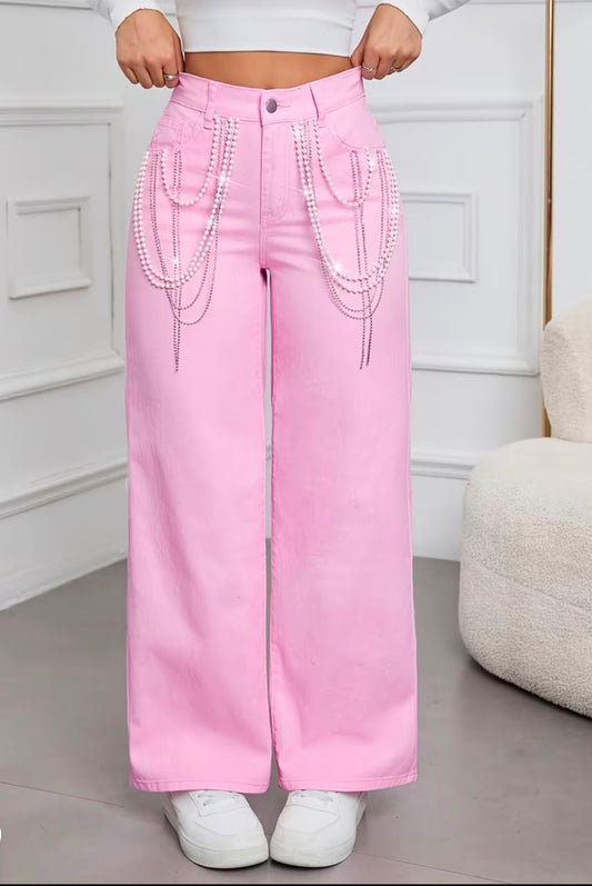 Women's Pink Non-Stretch Wide Leg Pant