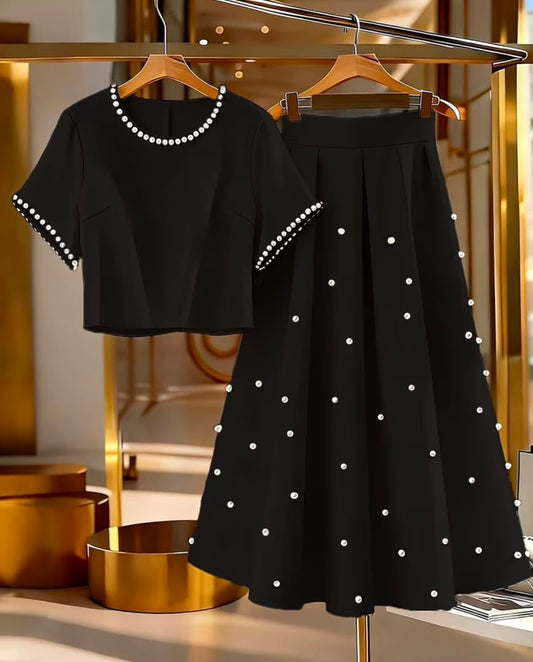 Women's Round Neck Faux Short Sleeve Top With Pleated Skirt