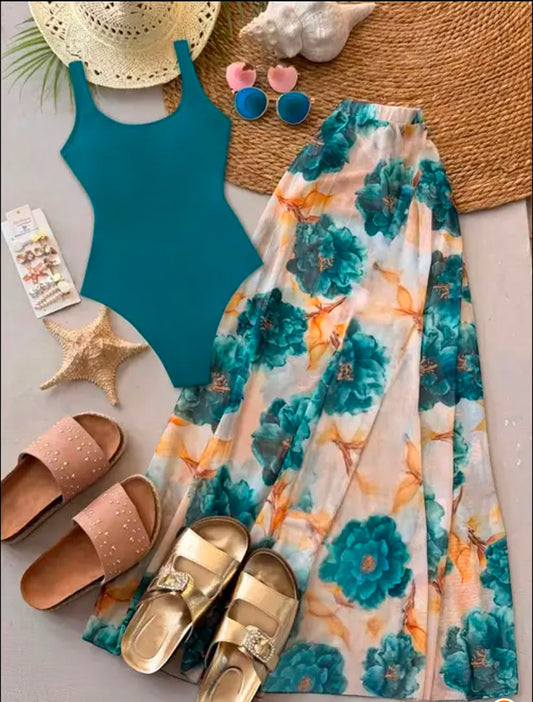 Elegant 2 Piece Set Strappy Waistband Bodysuit and Skirt