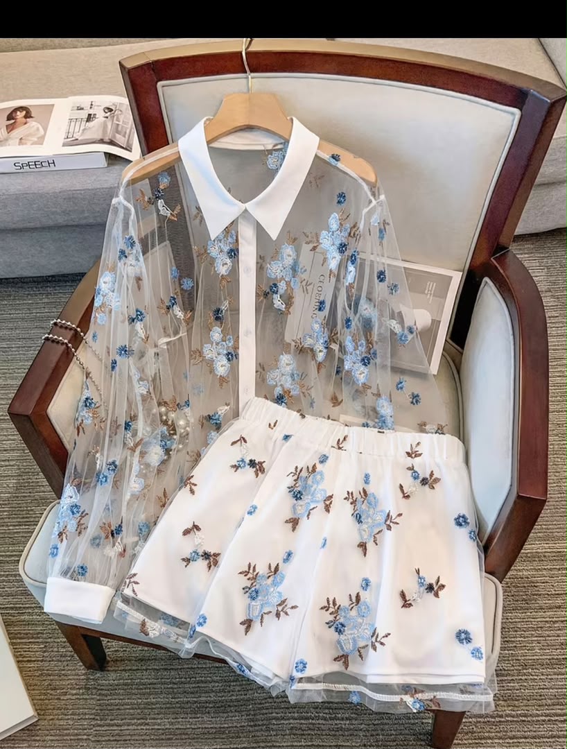 Transparent Embroidery Floral 2piece Set