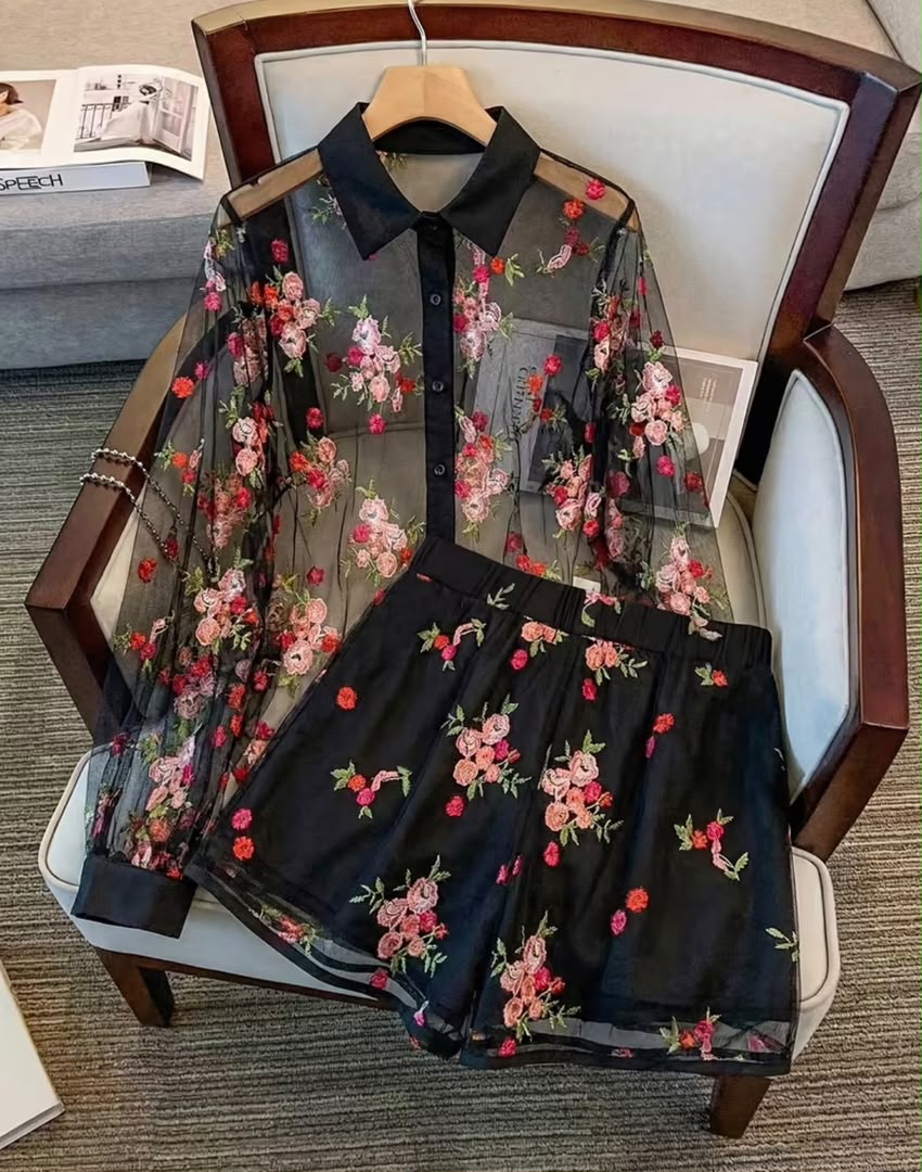 Transparent Embroidery Floral 2piece Set
