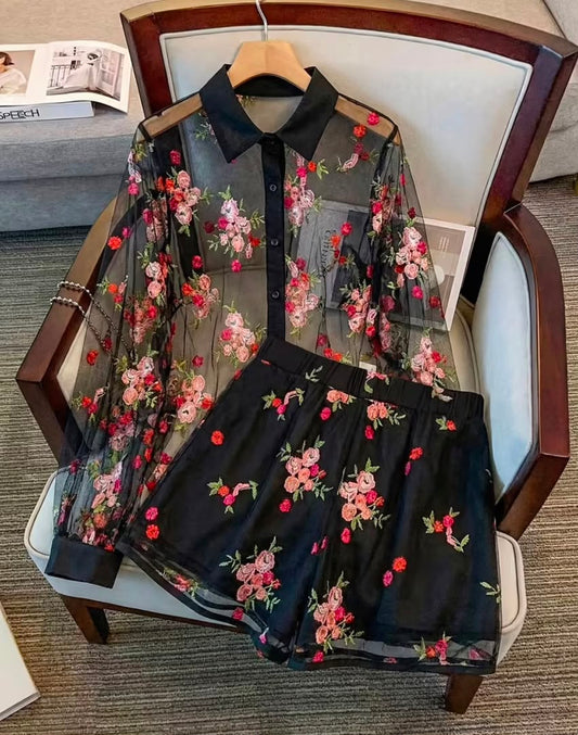 Transparent Embroidery Floral 2piece Set