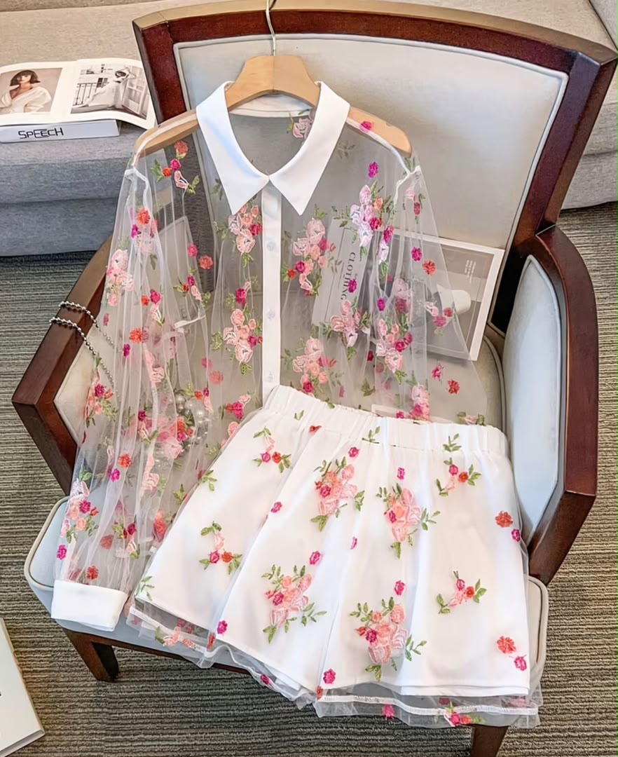 Transparent Embroidery Floral 2piece Set