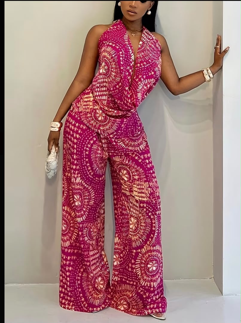 Women's Printed Drape Camisole Backless Top And Wide-Leg Pant