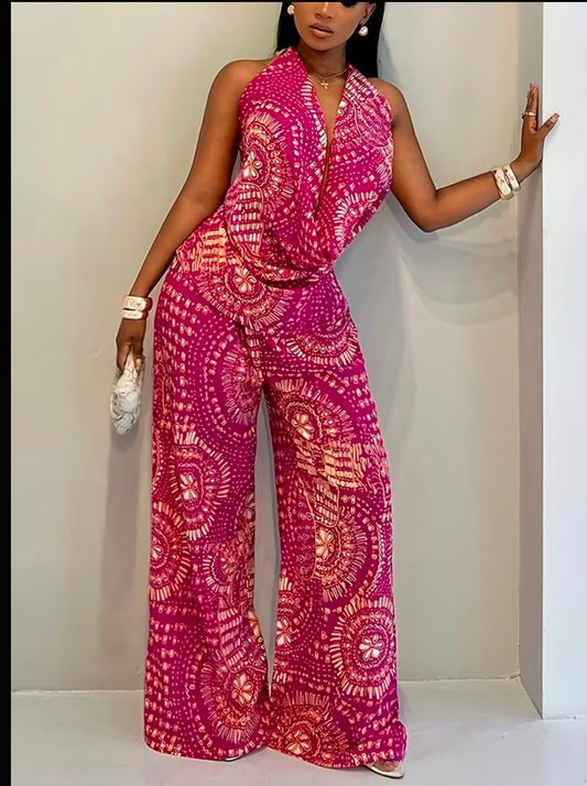 Women's Printed Drape Camisole Backless Top And Wide-Leg Pant