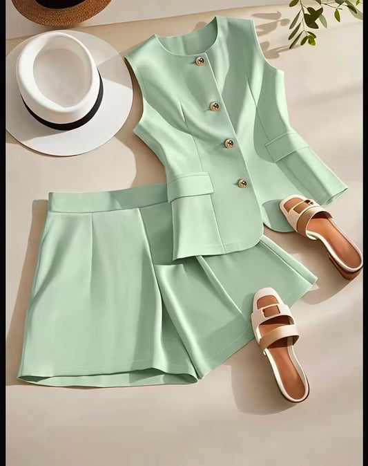 2pcs Set Round Neck Sleeveless Shirt And Short