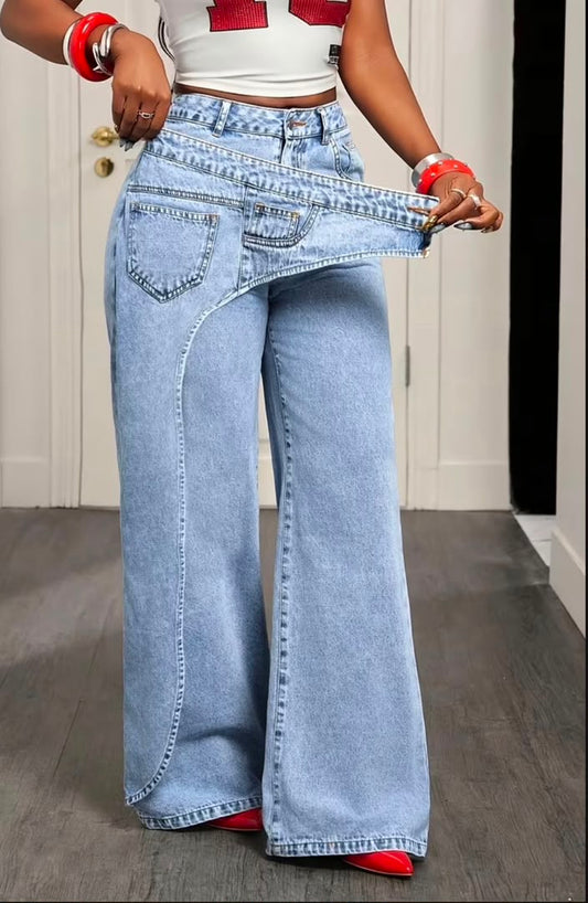 Women's Light Blue Asymmetrical Apron Style Jeans